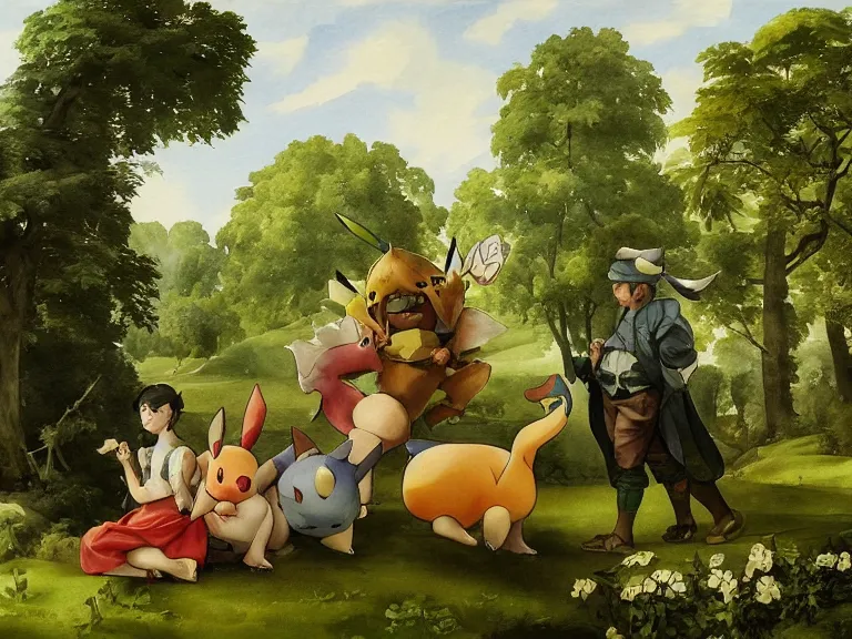 Prompt: an watercolour painting of pokemon in a green meadow by carl spitzweg and tuomas korpi. baroque elements, full-length view. baroque element. intricate artwork by caravaggio. Trending on artstation. 8k