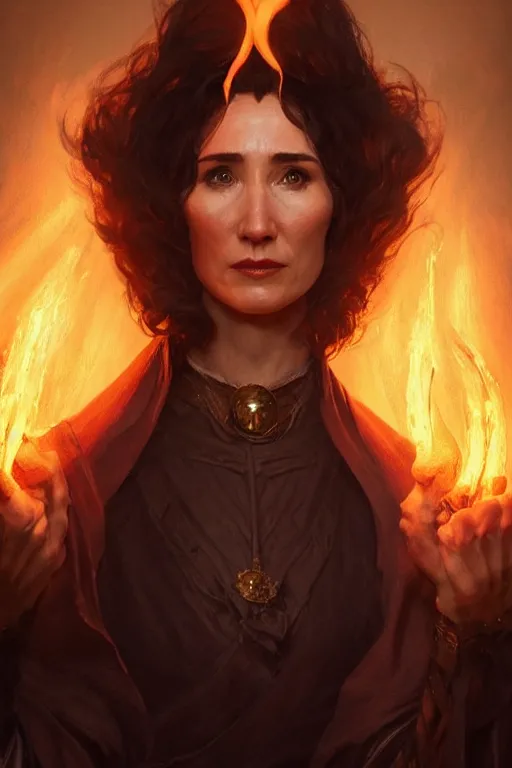 Image similar to carice van houten as a fire priest, only two hands, highly detailed, digital painting, artstation, concept art, smooth, sharp focus, illustration, unreal engine 5, 8 k, art by art by artgerm and greg rutkowski and edgar maxence