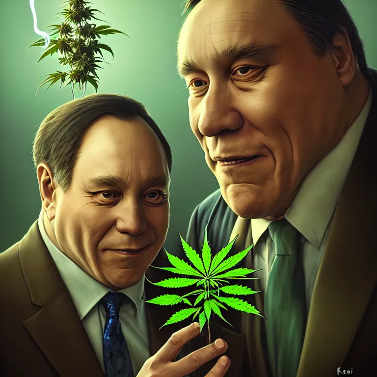 Image similar to a portrait of evil cannabis plant smoking premier francois legault illustrated by miyazaki by karol bak, james jean, tom bagshaw, rococo, sharp focus, trending on artstation, cinematic lighting, hyper realism, octane render, 8 k, hyper detailed, vivid, ultra detailed, highly detailed