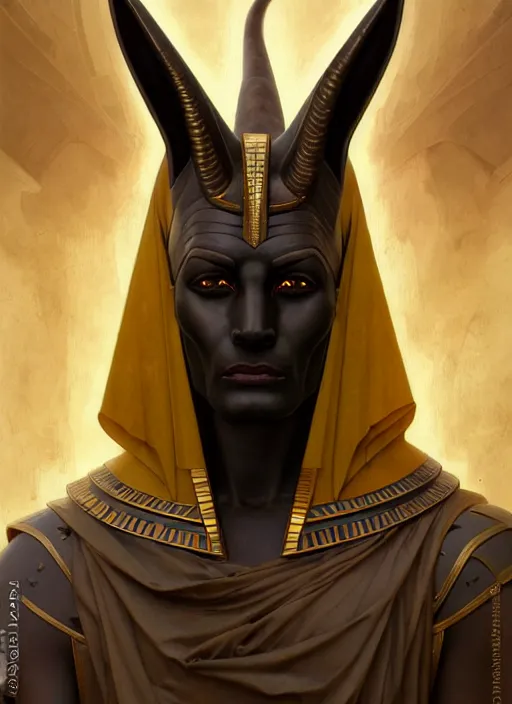 Image similar to close up portrait of evil anubis, egyptian symbolism, fair olive skin, yellow pupils, sneering moroccan man by artgerm, cushart krenz, greg rutkowski, mucha. art nouveau. gloomhaven, swirly looping ripples, dark colors, sharp edges. ultra clear detailed. 8 k. elegant, intricate, octane render