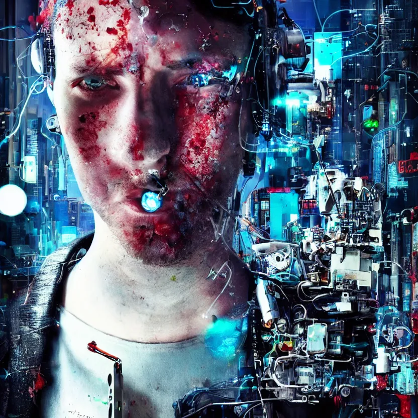 Prompt: Beautiful Photo of Arduino Uno in the man robot's head. Cyberpunk. splatterpunk. 4K