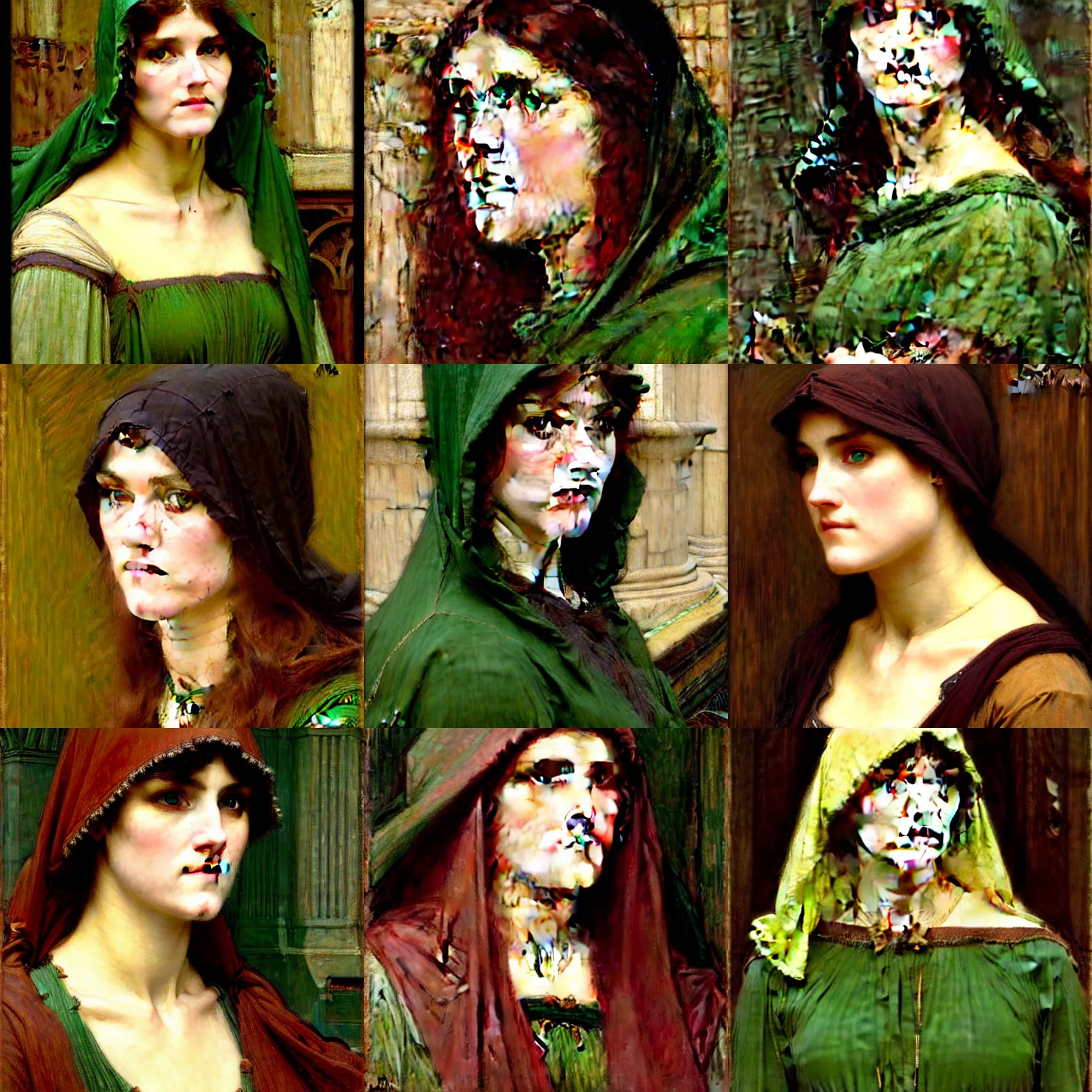 Prompt: woman with green eyes wearing a hood intricate portrait by john william waterhouse and Edwin Longsden Long and Theodore Ralli and gaston bussiere. Cinematic, hyper realism, dramatic lighting, high detail 8k