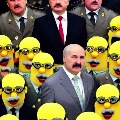 Image similar to Alexander Lukashenko surrounded by yellow Minions