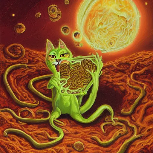 Prompt: painting of an eldritch alien cat creature that looks like garfield, eating lasagna, in the style of wayne barlowe