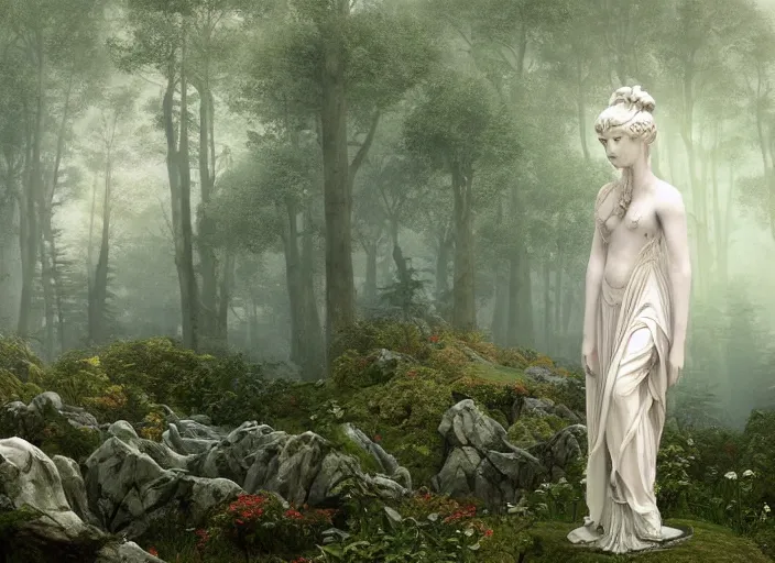 Image similar to a portrait of idealistic marble statue with fractal flowery hair and white fair porcelain face, in a magical forest, matte painting, painted by, mc escher, gordon onslow ford, georgia o'keeffe and ivan aivazovsky, cinematic light, god rays, colourful, unreal engine, zbrush central,