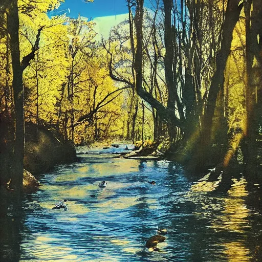 Prompt: [--height 512] [--width 1024] a forest with sunlight shining through the branches of trees, a river flows through with a deer drinking the water, a golden eagle flying over the river surreal