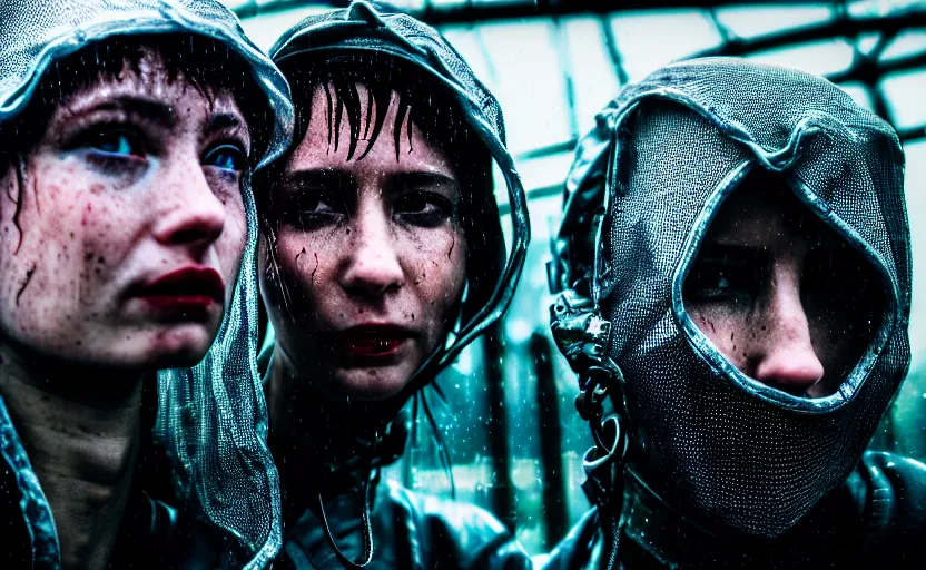 Image similar to cinestill 5 0 d candid photographic portrait by helen levitt of two cyberpunks wearing rugged silver mesh techwear in treacherous waters, extreme closeup, modern cyberpunk moody depressing cinematic, pouring rain, 8 k, hd, high resolution, 3 5 mm, f / 3 2, ultra realistic faces, ex machina