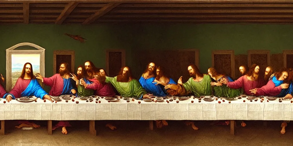 Image similar to the last supper with green sentient blobs, horror, painted by leonardo da vinci, greg rutkowski, artgerm, masterpiece, 4 k hyper realistic