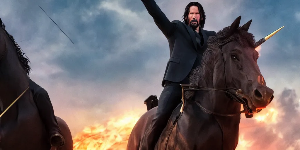 Image similar to Keanu Reaves riding a unicorn, over the shoulder shot, still from John Wick 3, shooting a weapon at a statue of Luigi, IMAX style, digital art, Movie Poster, DreamWorks 8K RED