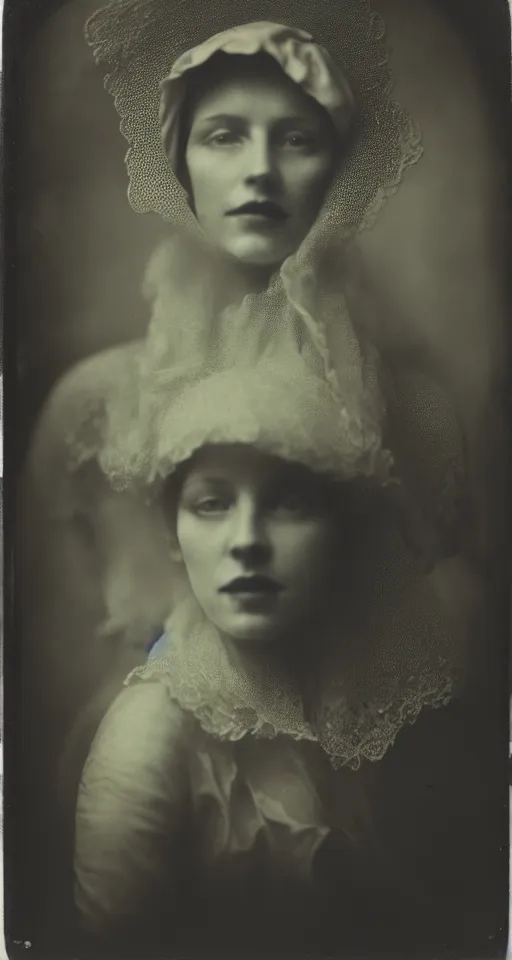 Prompt: a wet plate photograph, a portrait of a beautiful woman wearing a bonnet