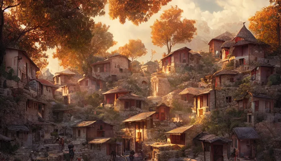 Image similar to very very small turkish village, by ilya kuvshinov, rtx rendering, octane render 1 2 8 k, maya, extreme high intricate details by tom bagshaw, medium shot, close up shot, composition by sana takeda, lighting by greg rutkowski