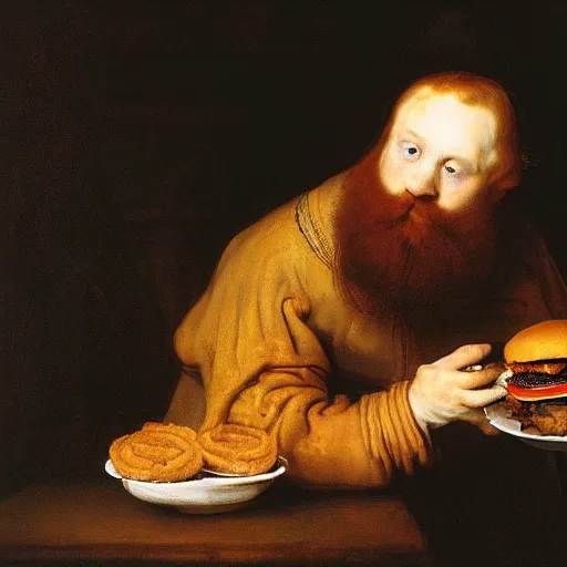 Prompt: ginger young handsome man with beard eating burger happily by rembrandt - n 9