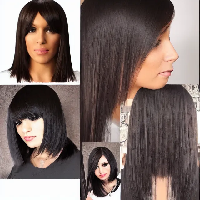 Image similar to avant runway hairstyle professional designer hair bangs, full body volume hairstyle, high detail, curves and straight combed with professional salon stylist products, studio lighting, smooth sharp focus