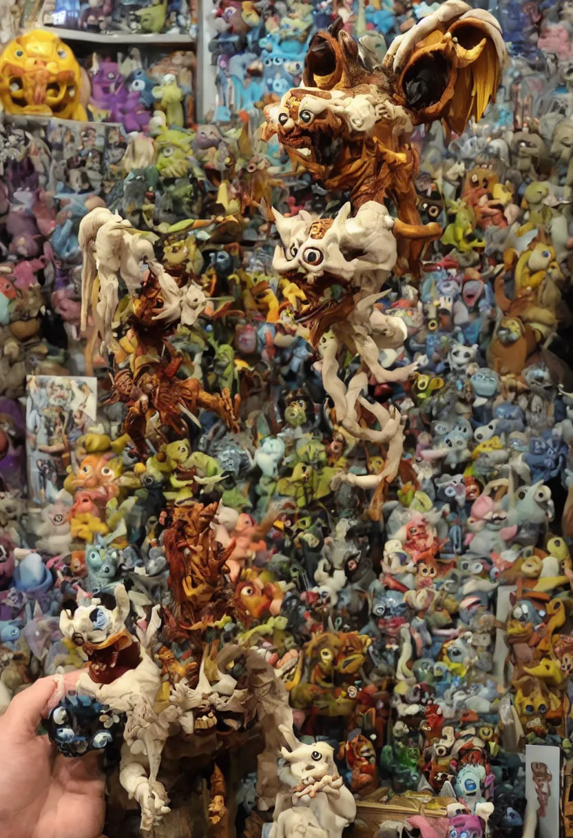 Prompt: cartoon occult beast toy on display