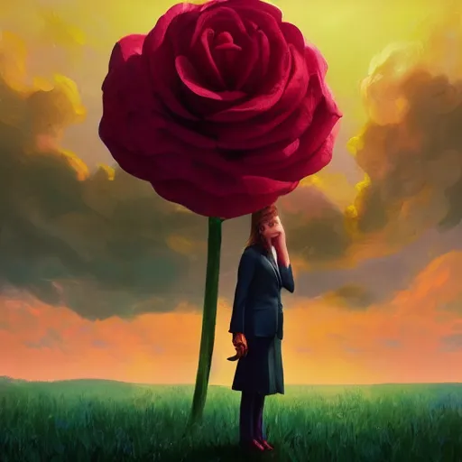 Image similar to portrait, giant rose flower head, girl in a suit, surreal photography, sunrise, blue sky, dramatic light, impressionist painting, digital painting, artstation, simon stalenhag