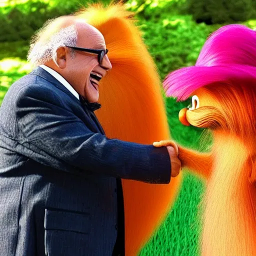 Prompt: Danny DeVito shaking hands with the Lorax