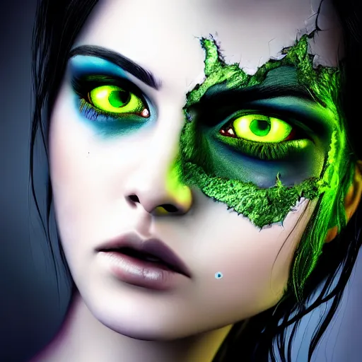 Image similar to photorealistic portrait of beautiful zombie girl, black hair, blue eyes, smooth face, perfect eyes, half body shot, elegant, realistic, glowing skin, detailed face, green colours, sharp focus