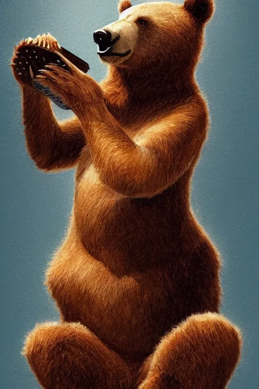 Prompt: realistic bear playing triangular body of ukulele, realistic portrait, symmetrical, highly detailed, digital painting, artstation, concept art, smooth, sharp focus, illustration, cinematic lighting, art by artgerm and greg rutkowski and alphonse mucha