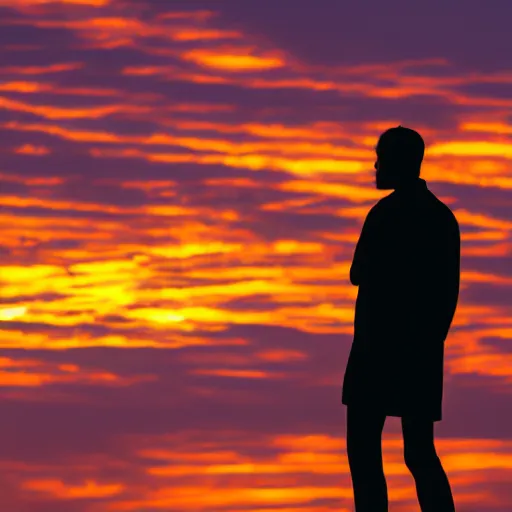 Image similar to a silhouette of a man staring at a sunrise,