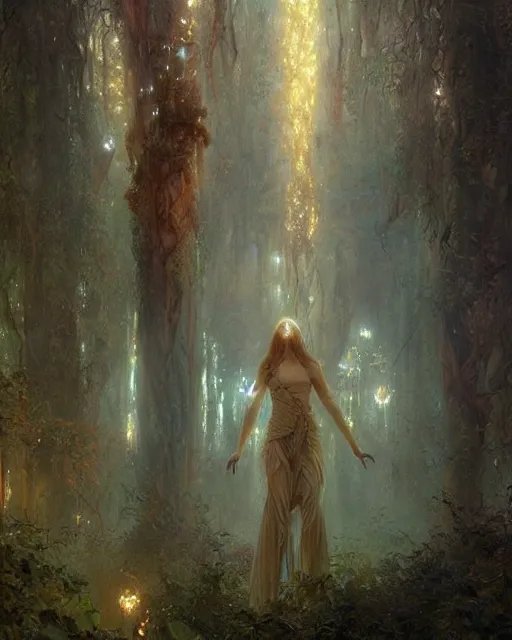 Prompt: my dream when soul leaving body, dryads standing near me in lingering made of plants and trees trying to catch soul that flying up to gods light ray from above, volumetric neon lights intricate details, by greg rutkowski, gaston bussiere