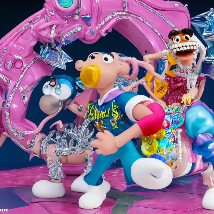 Prompt: jeff koons hip hop bauhaus style street sharks sailor moon wearing diamond grillz in wallace & gromit strata - cut claymation, intricate details, serious, highly detailed, photorealistic, octane render, 8 k, unreal engine, art by todd mcfarlane