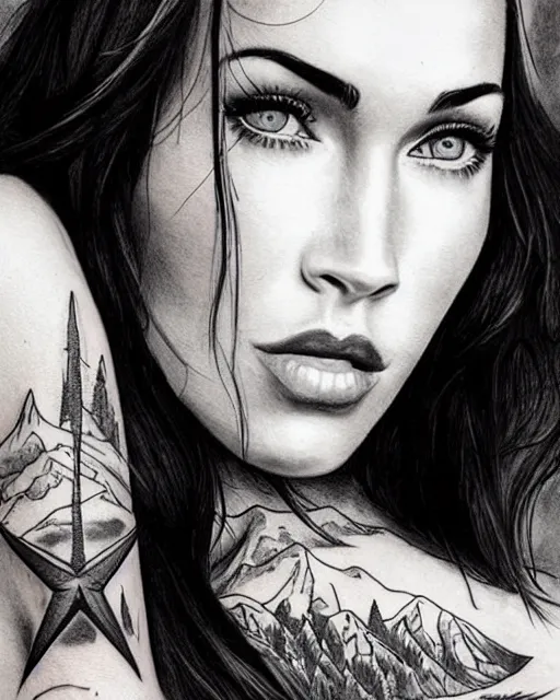 Image similar to realism tattoo design sketch of megan fox with beautiful mountain scenery, in the style of dan mountford, double exposure effect, hyper realistic, amazing detail, black and white