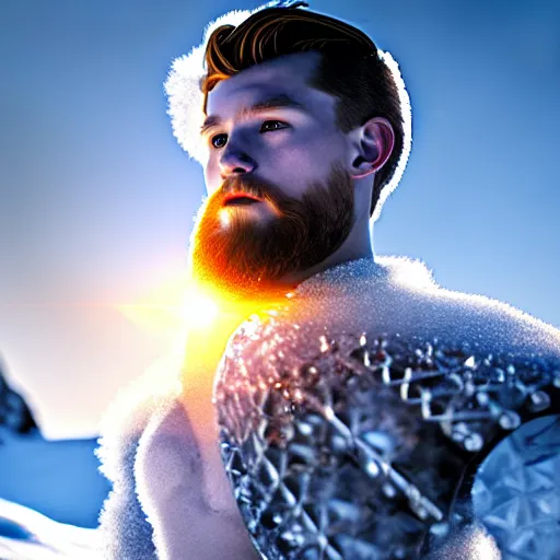 Image similar to photography of a digital art, stunning glare and bloom crystal clear ice statue of tom holland as a viking warrior god. stuning, intricate, complexe. snowy mountains dream landscape. professional digital art, unreal engine 5