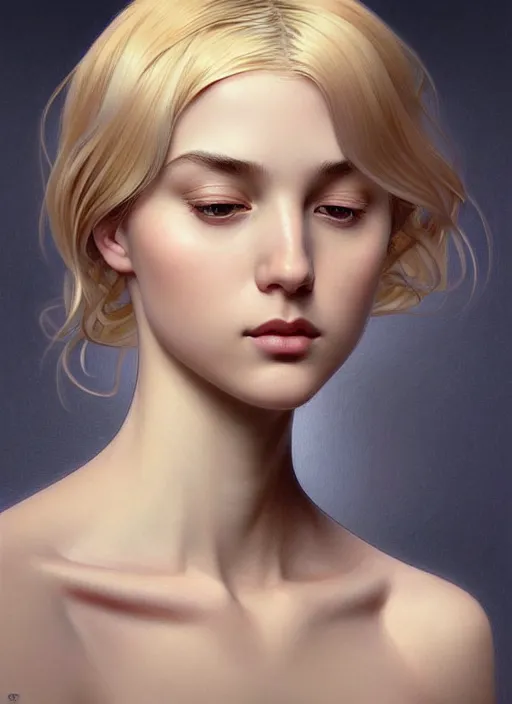 Image similar to symmetry!! portrait of young woman blessed with ever - increasing physical and mental perfection, slice - of - life, realism, blonde hair, perfect face!! intricate, elegant, highly detailed, holy perfection!! digital painting, artstation, concept art, smooth, sharp focus, illustration, humanity, art by artgerm and greg rutkowski and alphonse mucha