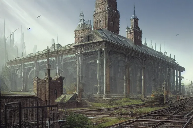 Prompt: intricate, 3 d, train station, style by caspar david friedrich and wayne barlowe and ted nasmith.