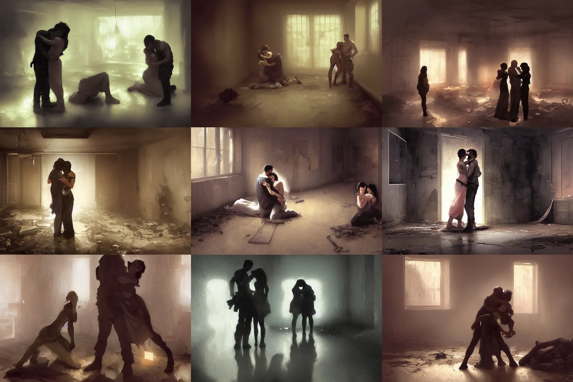 Prompt: man and woman hugging each other on the floor of a dilapidated room at night, lit by a torchlight, cinematographic shot, digital painting, concept art, smooth, sharp focus, illustration, finely detailed, from metal gear by ruan jia and mandy jurgens and artgerm and william - adolphe bouguereau