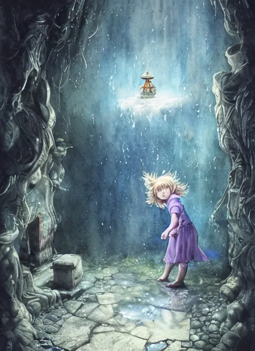 Image similar to portrait, a little girl falling down a wishing well into another realm, magical, fantasy, watercolor, dramatic lighting, cinematic, establishing shot, extremely high detail, foto realistic, cinematic lighting, pen and ink, intricate line drawings, by Yoshitaka Amano, Ruan Jia, Kentaro Miura, Artgerm, post processed, concept art, artstation, matte painting, style by eddie mendoza, raphael lacoste, alex ross