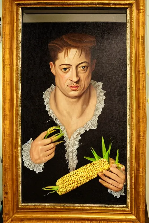 Image similar to a 1 6 0 0 s framed portrait painting of brendan fraser holding corn, intricate, elegant, highly detailed