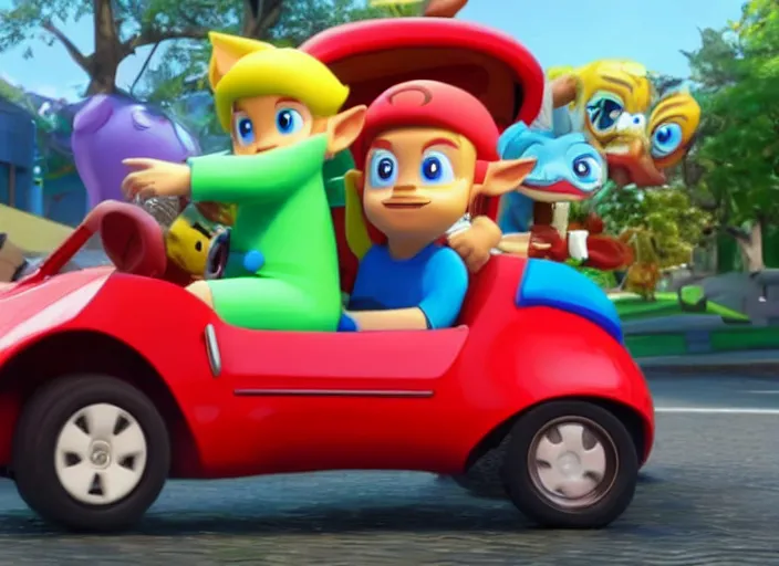 Prompt: steve buscemi driving a little tikes cozy coupe, movie still, from the new zelda game, 8 k, realistic