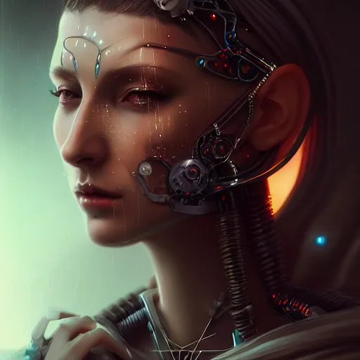 Image similar to cyberpunk robotic dark elvish queen, diadem on the head, cyber implants, black tears, extremely detailed, hyperrealistic, intricate, soft light, fantasy, digital painting, art station, perfect faces, fine details, by wlop