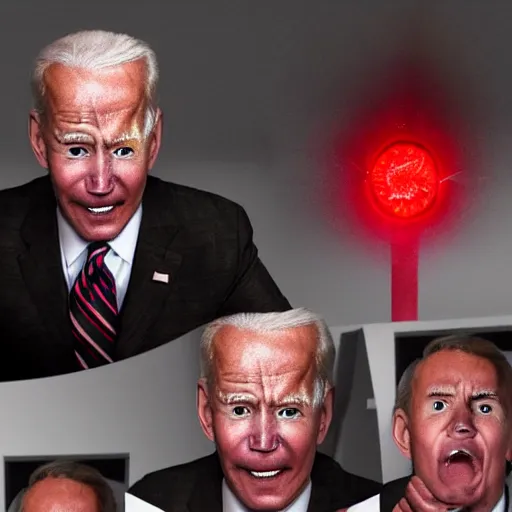 Image similar to hyper realistic terrifying photo Doom furious glowing red eyes biden