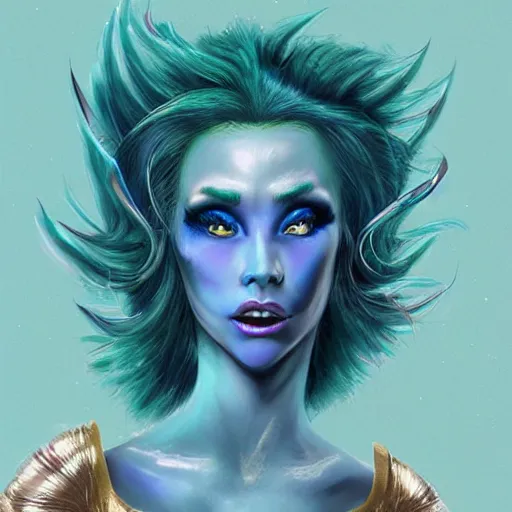 Image similar to Glam hair, 80s hair, Elf girl with blue skin, alien skin, blue elf, blue, blue-skinned elf, green hair, hairspray, big hair, wild hair, glam make-up, 80s, illustration, fantasy art, trending on ArtStation, 1980s fantasy art