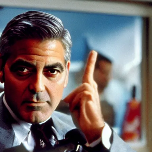 Prompt: George Clooney showing white blueprint on a tv screen, movie Ocean Eleven scene, cinematic, highly detailed