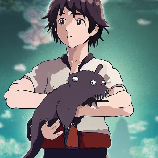 Image similar to friendly guy with Fragile looking portrait face with a small creature on his arm made by Studio Ghibli highly detailed art, beautiful scene, sharp focus, smooth, 8k, anime art