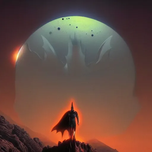 Image similar to psychedelic concept art illustration of Batman with a dark moon in the far distance, trending on artstation, by zdzisław beksiński, 3d render, octane render, intricately detailed artwork, full 8k high quality resolution, recently just found unknown masterpiece