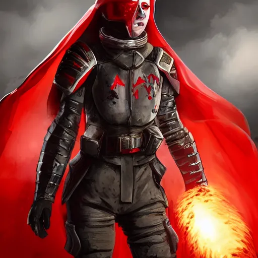 Image similar to a young female soldier with soot stained face, no makeup, in glossy sleek white bloodstained dinged scuffed armor , long torn red cape, heroic posture, determined expression, no helmet, on the surface of mars, dramatic lighting, cinematic, sci-fi, hyperrealistic, detailed