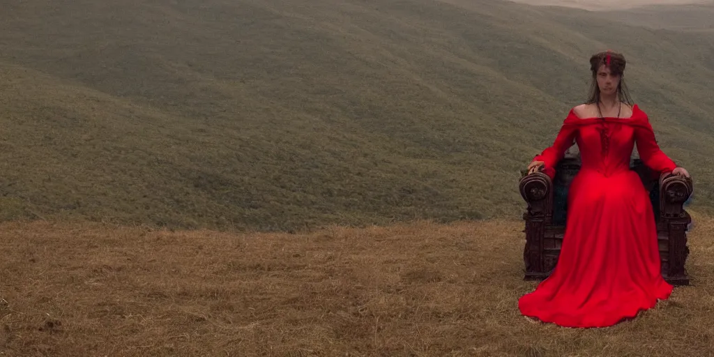 Image similar to film still of closeup a woman sitting on a throne in red long dress on the mountain of dead knights. by emmanuel lubezki