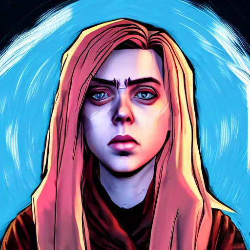 Image similar to billie eilish portrait, borderlands, tales from the borderlands, the wolf among us, comic, cinematic lighting, studio quality, 8 k