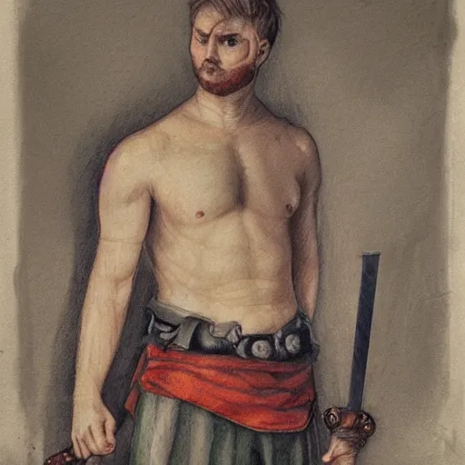 Image similar to self portrait, handsome man with battle scar on his chest holding his sword on his shoulder, pencil art, detailed, handsome, colored, bloody