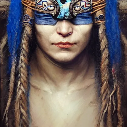 Image similar to A blindfolded shaman woman with a decorated headband, in the style of heilung, blue hair dreadlocks and wood on her head, atmospheric lighting, intricate detail, cgsociety, ambient light, dynamic lighting, art by karol bak