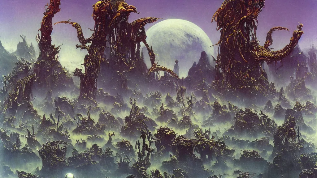 Image similar to surreal eerie alien planet empire with strange biomechanical plants by frank frazetta and bruce pennington, cinematic matte painting