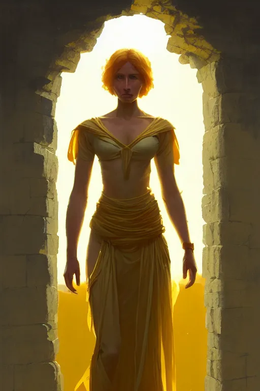 Image similar to invisible woman wearing an ancient greek tunic made of yellow paper, stephen bliss, unreal engine, fantasy art by greg rutkowski, rhads, ferdinand knab, makoto shinkai and lois van baarle, ilya kuvshinov, rossdraws, tom bagshaw, global illumination, radiant light