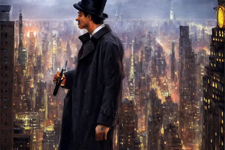 Image similar to portrait detective wearing a trench coat in profile smoking a sherlock holmes pipe on a perch facing the city at night, smooth, focus, highly detailed, hyper realistic, dramatic lighting, intricate, concept art, new york skyline, looking down, art by wlop, greg rutowski, artstation