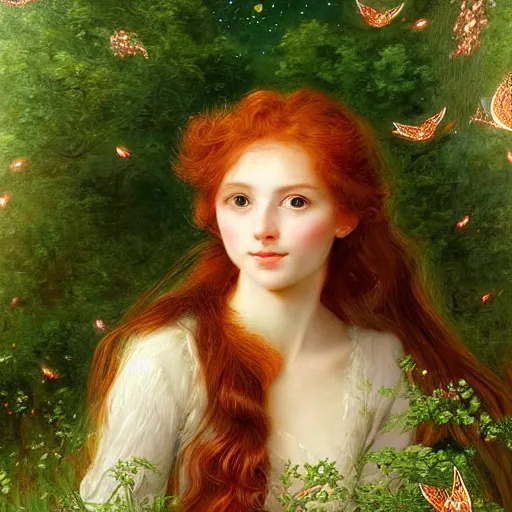 Image similar to sharp, intricate fine details, breathtaking, digital art portrait of a red haired girl with long hair and green eyes softly smiling, in a dreamy, mesmerizing scenery with fireflies, art by elisabeth vigee le brun