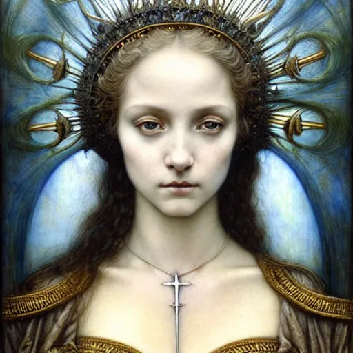 Image similar to detailed realistic beautiful young medieval queen face portrait by jean delville, tom bagshaw, brooke shaden, gustave dore and marco mazzoni, art nouveau, symbolist, visionary, gothic, pre - raphaelite, ornate gilded medieval icon, surreality, ethereal, unearthly, haunting, celestial, neo - gothic, ghostly, memento mori, enigmatic