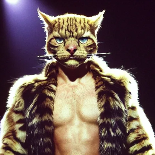 Image similar to 📷 john partridge playing rum tum tugger, spike collar, fluffy neck, cats the musical 🎶, 1 9 9 8 version, professional cat - like makeup, stunning choreography and lighting